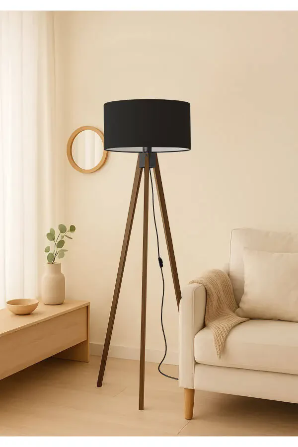Black Round Fabric Cylinder Shade Wooden Tripod Floor Lamp Ayd-2937 - 1