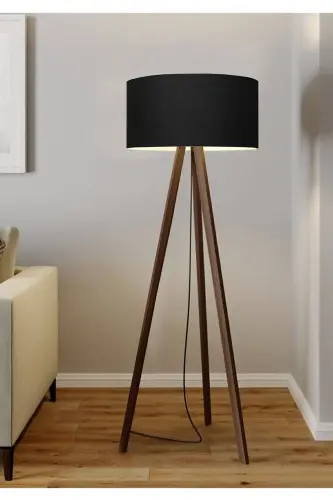 Black Round Fabric Cylinder Shade Wooden Tripod Floor Lamp Ayd-2937 - HOMİNG (1)