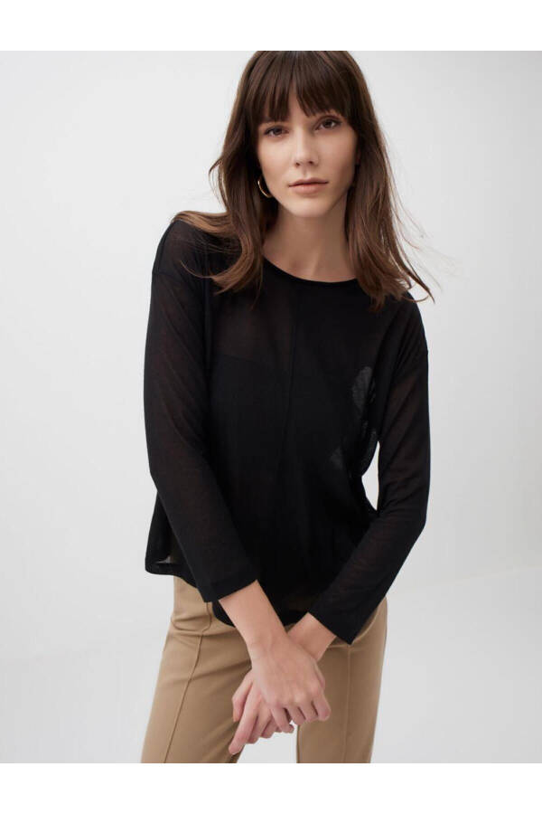 Black Round Neck Long Sleeve Blouse - 23