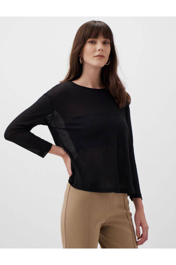 Black Round Neck Long Sleeve Blouse - 27