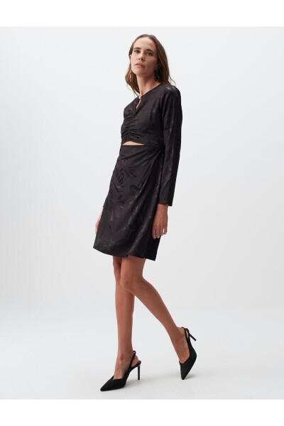 Black Round Neck Long Sleeve Patterned Mini Dress - 26