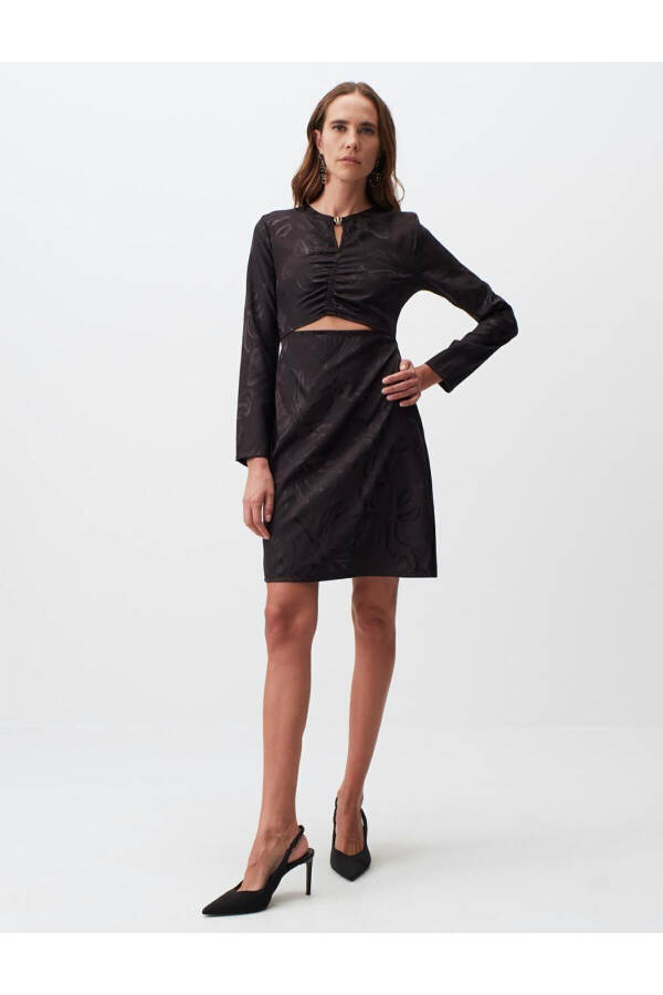 Black Round Neck Long Sleeve Patterned Mini Dress - 15