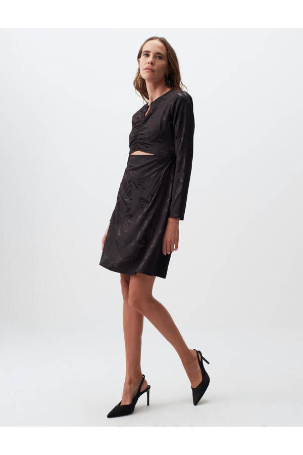 Black Round Neck Long Sleeve Patterned Mini Dress - 19