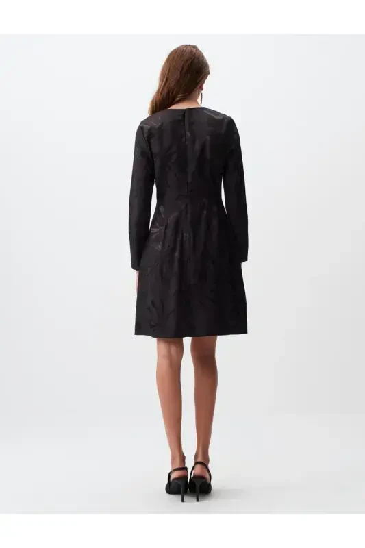 Black Round Neck Long Sleeve Patterned Mini Dress - 6