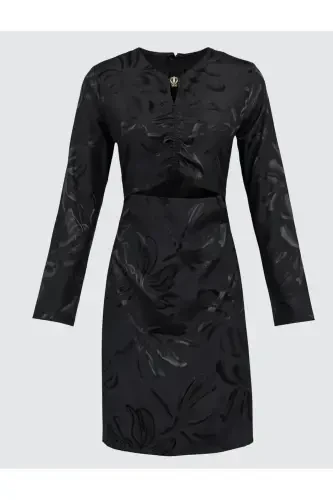 Black Round Neck Long Sleeve Patterned Mini Dress - 7