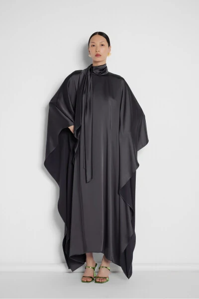Black Satin Dress with Neck Tie - NUUM DESIGN