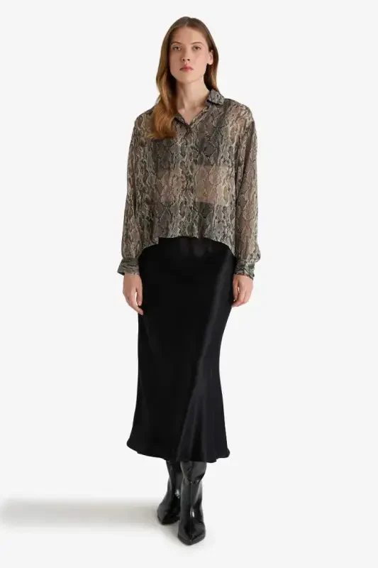 Black Satin Midi Skirt - 1