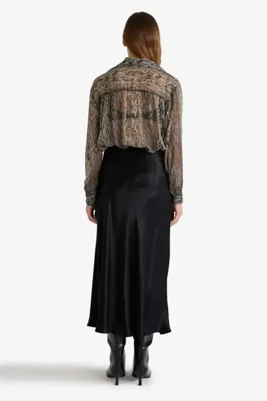 Black Satin Midi Skirt - 6