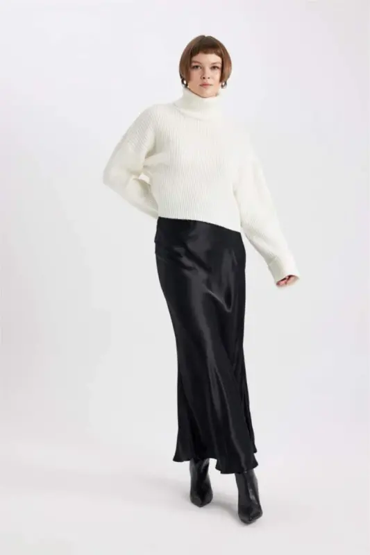Black Satin Midi Skirt - 1