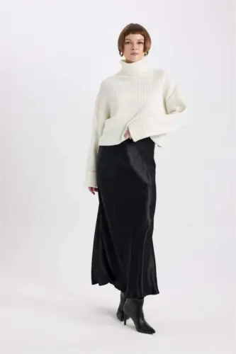 Black Satin Midi Skirt - 2