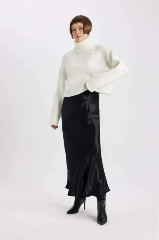 Black Satin Midi Skirt - 3