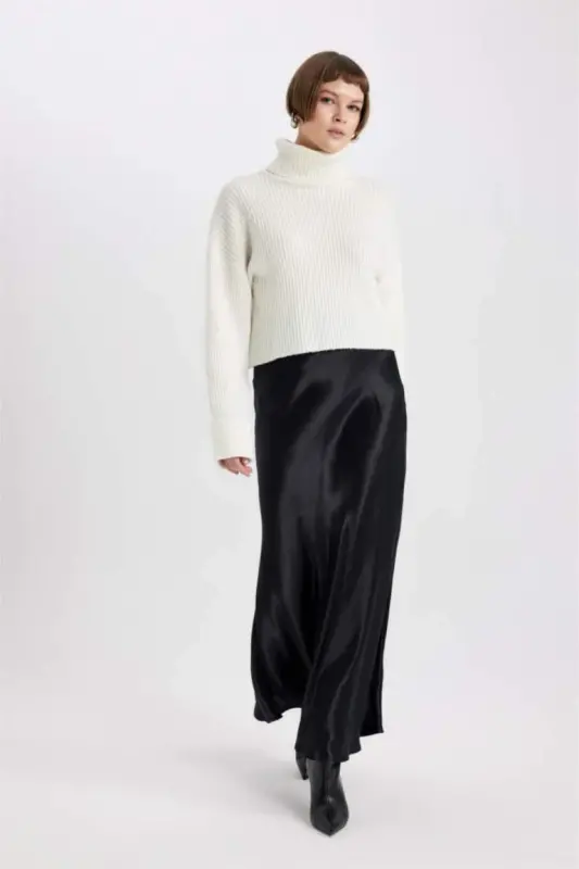 Black Satin Midi Skirt - 4