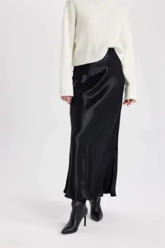 Black Satin Midi Skirt - 5