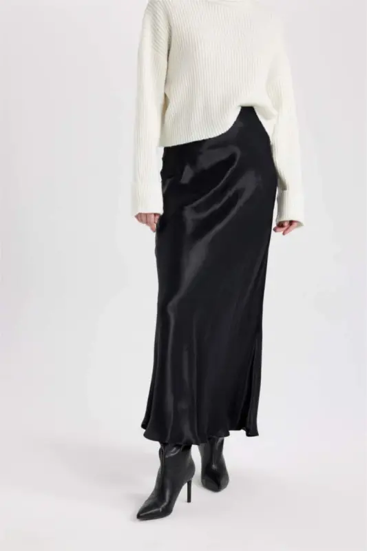 Black Satin Midi Skirt - 5