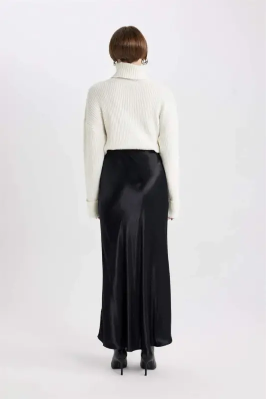 Black Satin Midi Skirt - 6