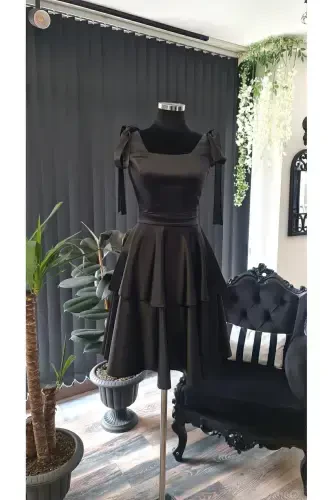 Black Satin Square Neck, Sleeveless, Bow Tie Shoulder Engagement Graduation Dress-black - 1