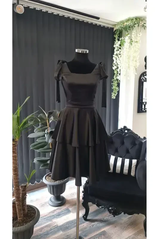 Black Satin Square Neck, Sleeveless, Bow Tie Shoulder Engagement Graduation Dress-black - MAKBULEOFFICIAL