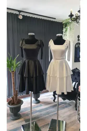 Black Satin Square Neck, Sleeveless, Bow Tie Shoulder Engagement Graduation Dress-black - 3