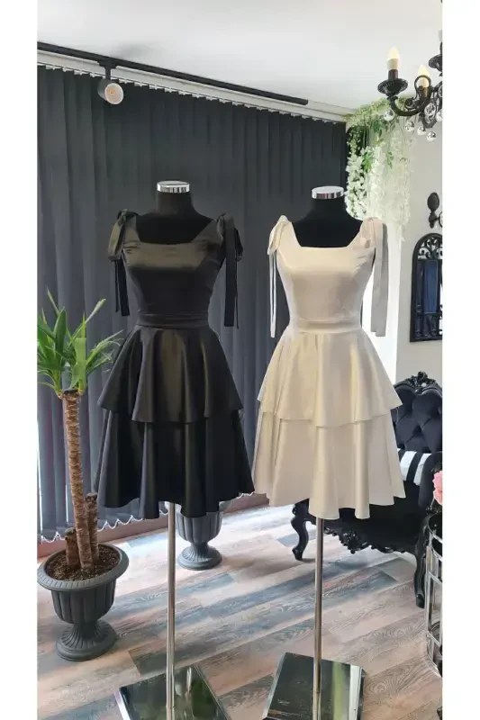 Black Satin Square Neck, Sleeveless, Bow Tie Shoulder Engagement Graduation Dress-black - 3