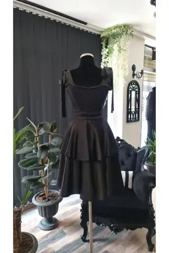 Black Satin Square Neck, Sleeveless, Bow Tie Shoulder Engagement Graduation Dress-black - 4