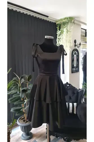 Black Satin Square Neck, Sleeveless, Bow Tie Shoulder Engagement Graduation Dress-black - 5