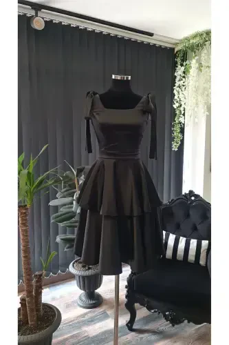 Black Satin Square Neck, Sleeveless, Bow Tie Shoulder Engagement Graduation Dress-black - 6