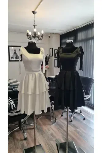 Black Satin Square Neck, Sleeveless, Bow Tie Shoulder Engagement Graduation Dress-black - Modazone (1)