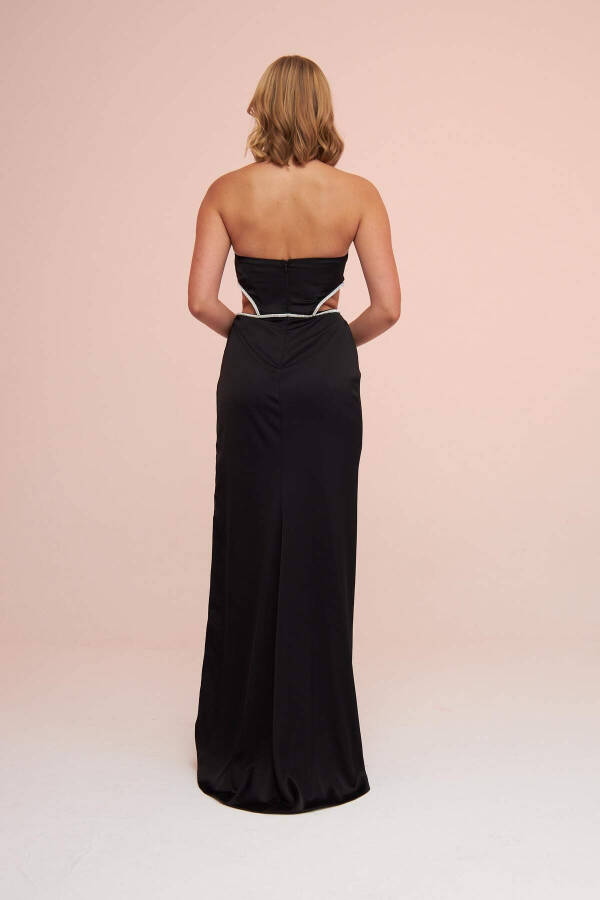 Black Satin Strapless Side Slit Long Evening Dress - 4