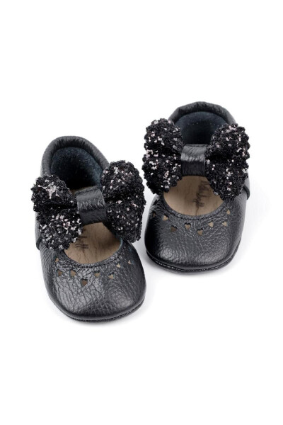 Black Sequined Bow Leather Baby Girl Loafers - 4