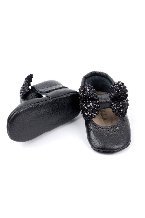 Black Sequined Bow Leather Baby Girl Loafers - 5