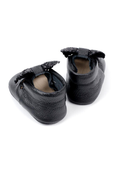 Black Sequined Bow Leather Baby Girl Loafers - 3