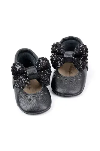 Black Sequined Bow Leather Baby Girl Loafers - 1