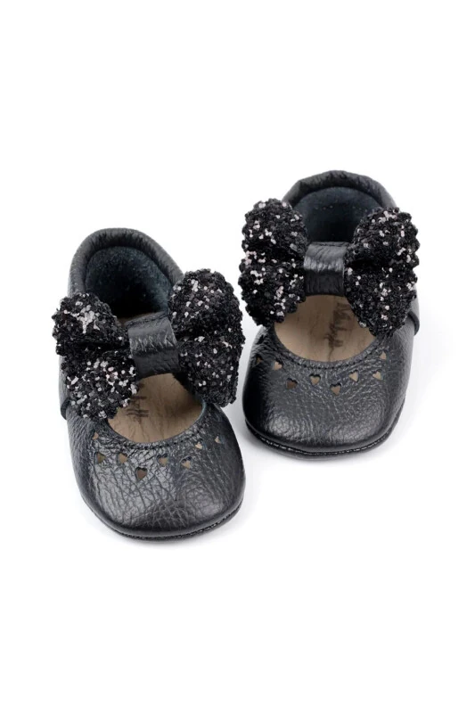 Black Sequined Bow Leather Baby Girl Loafers - 1
