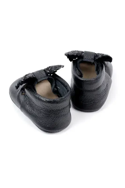 Black Sequined Bow Leather Baby Girl Loafers - 2