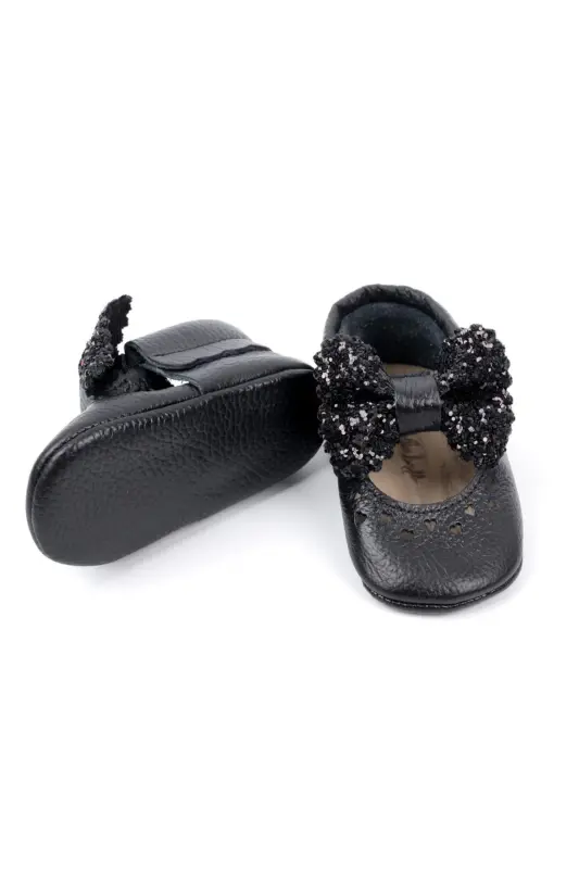 Black Sequined Bow Leather Baby Girl Loafers - 1
