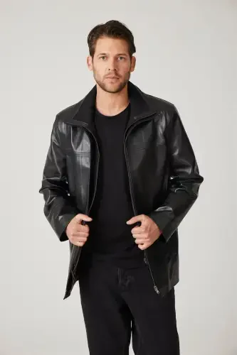 Black Sheldon Zipper Detachable Knitted Collar Zipper Closure Oversize Genuine Men's Leather Coat-Black - DERIDERIM (1)