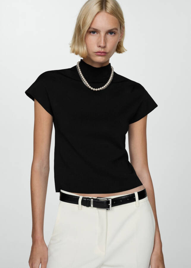 Black short-sleeved perkins collar sweater. - 12