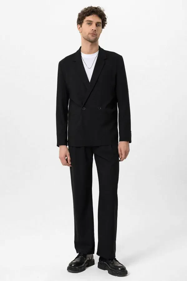 Black Single Button Notch Lapel Men's Blazer Jacket - 4