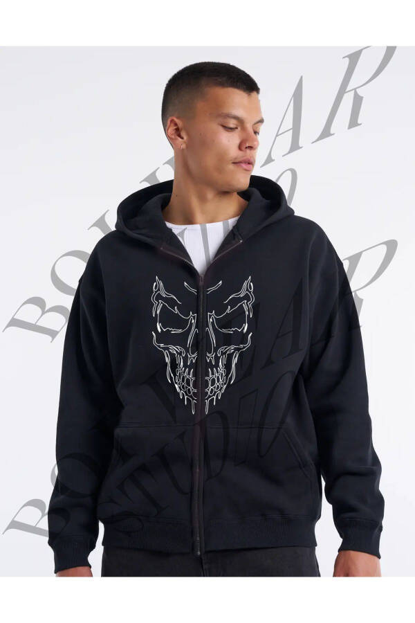 Black Skeleton Skull Print Oversize Unisex Zip Hoodie Women's Cardigan - 1