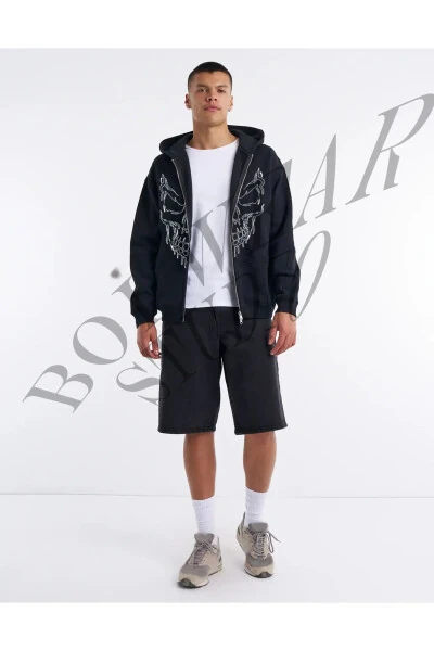 Black Skeleton Skull Print Oversize Unisex Zip Hoodie Women's Cardigan - BOI (1)