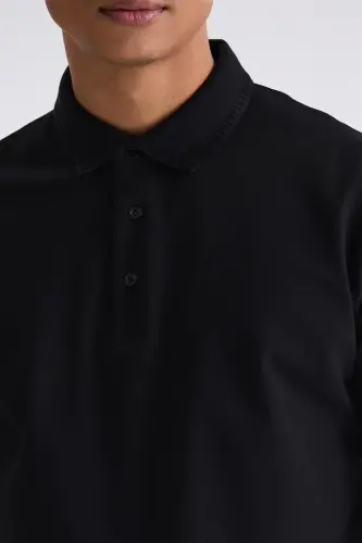 Black Slim Fit 100% Cotton Mercerized Polo Neck T-shirt - 3