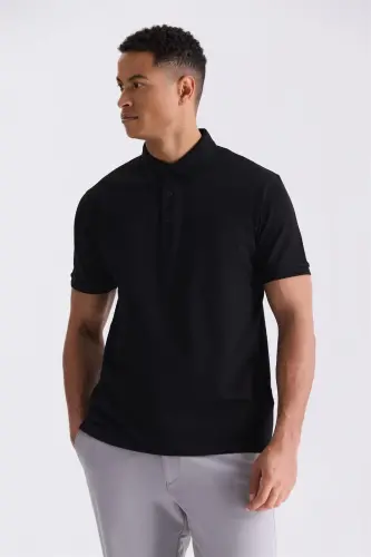 Black Slim Fit 100% Cotton Mercerized Polo Neck T-shirt - 1