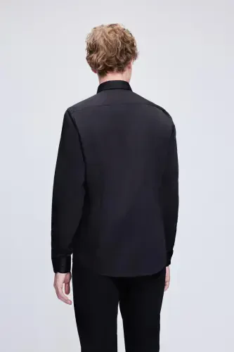 Black Slim Fit 100% Cotton Spread Italian Collar Long - 3