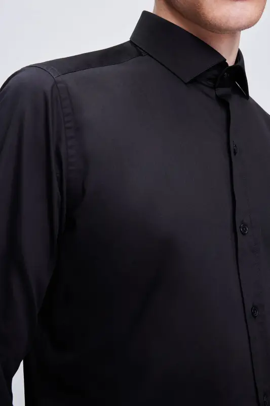 Black Slim Fit 100% Cotton Spread Italian Collar Long - 2