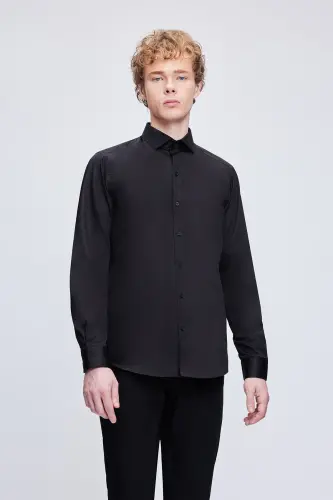Black Slim Fit 100% Cotton Spread Italian Collar Long - 4