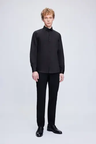 Black Slim Fit 100% Cotton Spread Italian Collar Long - 5