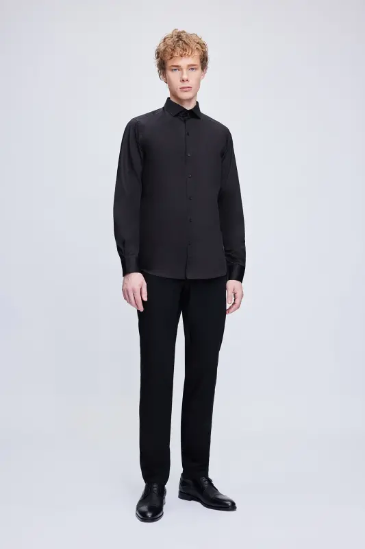 Black Slim Fit 100% Cotton Spread Italian Collar Long - 5