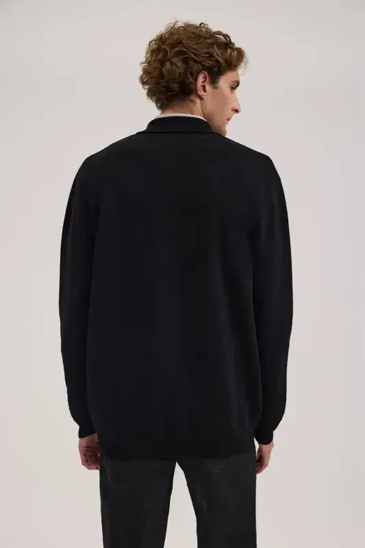 Black Slim Fit Baby Collar Zippered Pocket Rayon Knit Jacket - 4