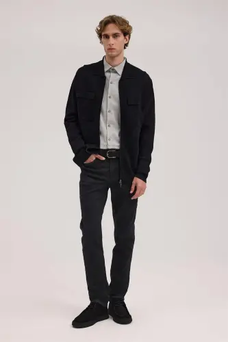 Black Slim Fit Baby Collar Zippered Pocket Rayon Knit Jacket - JAKAMEN (1)