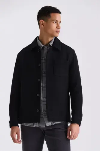 Black Slim Fit Barber Collar Wool Cashmere Coat 